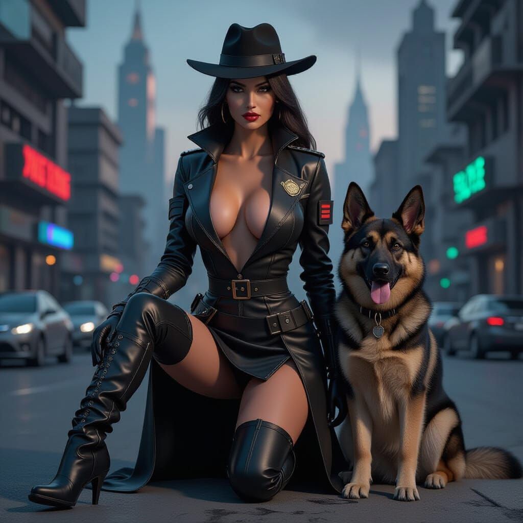 Dystopian Vixen Guard with German Shepherd in Hyperrealistic...