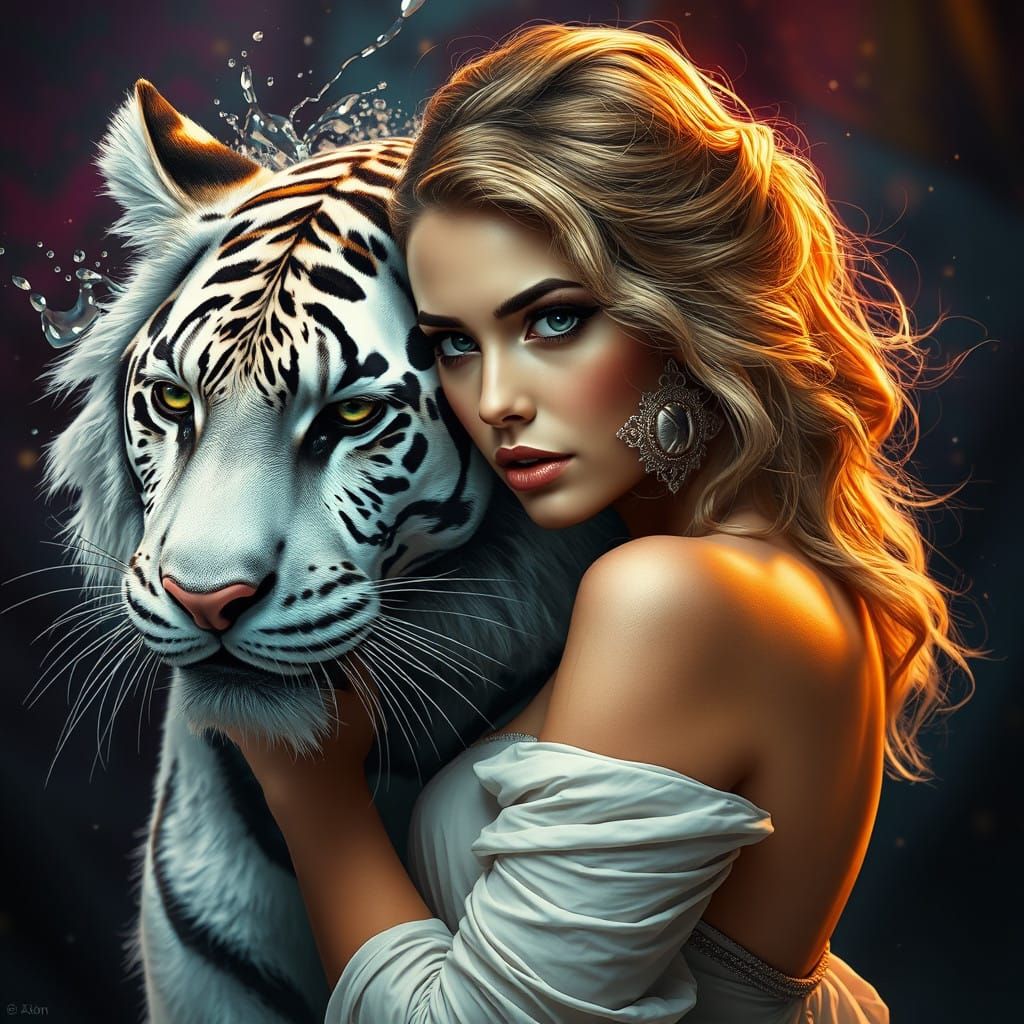 Elegant Woman Embracing a Majestic White Tiger in Vibrant Hu...