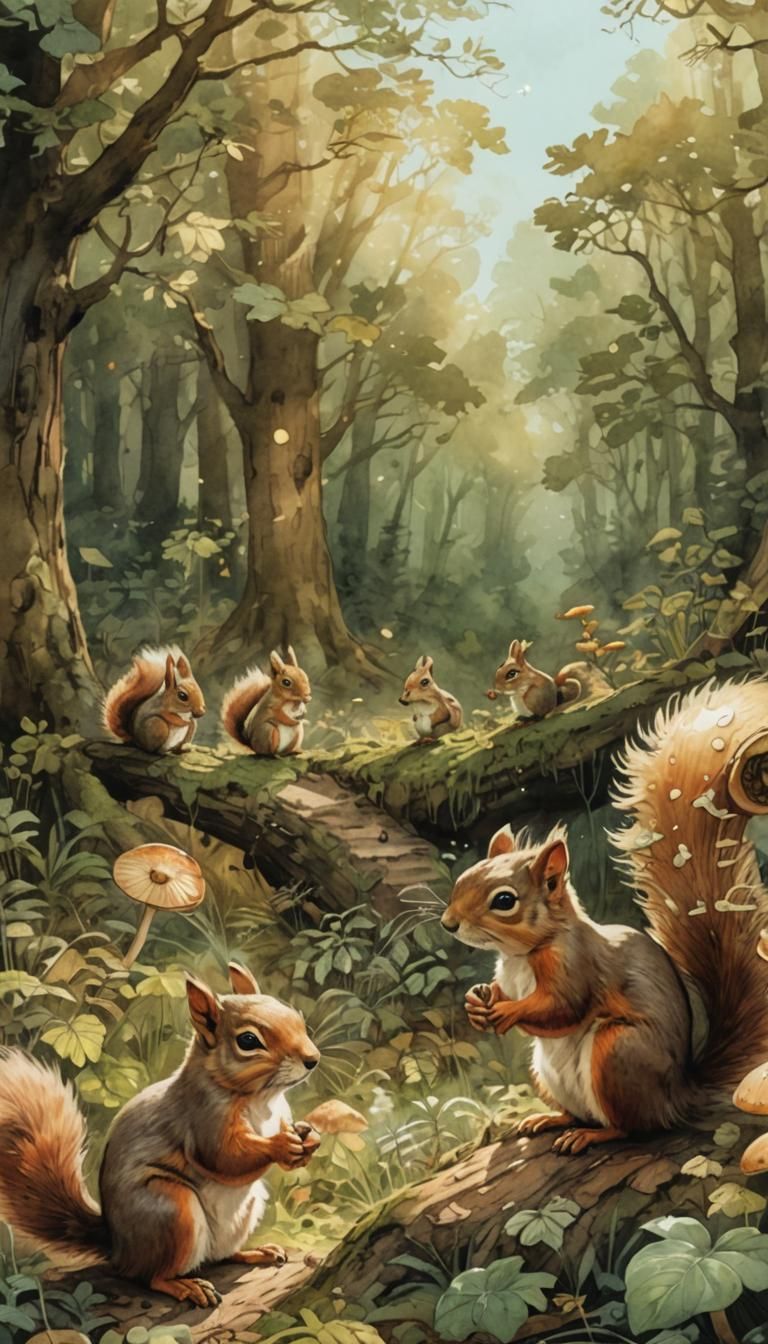 Squirrels and Mushroom Watercolor Illustration