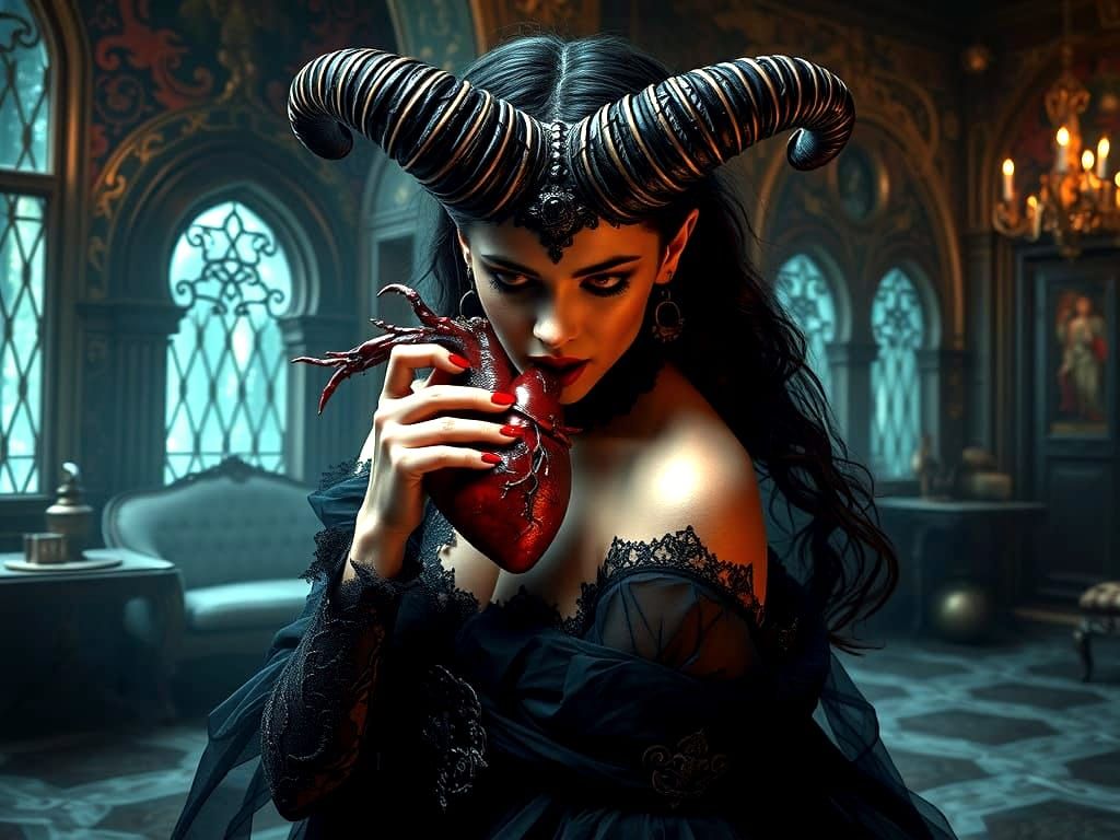Demonic Woman Eating Heart in Gothic Horror Style