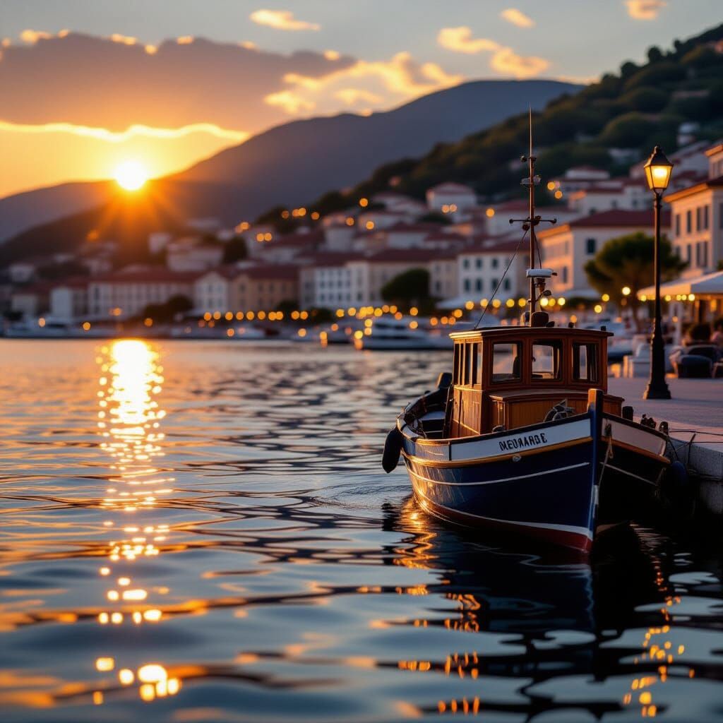 Serene Port at Sunset with Golden Light