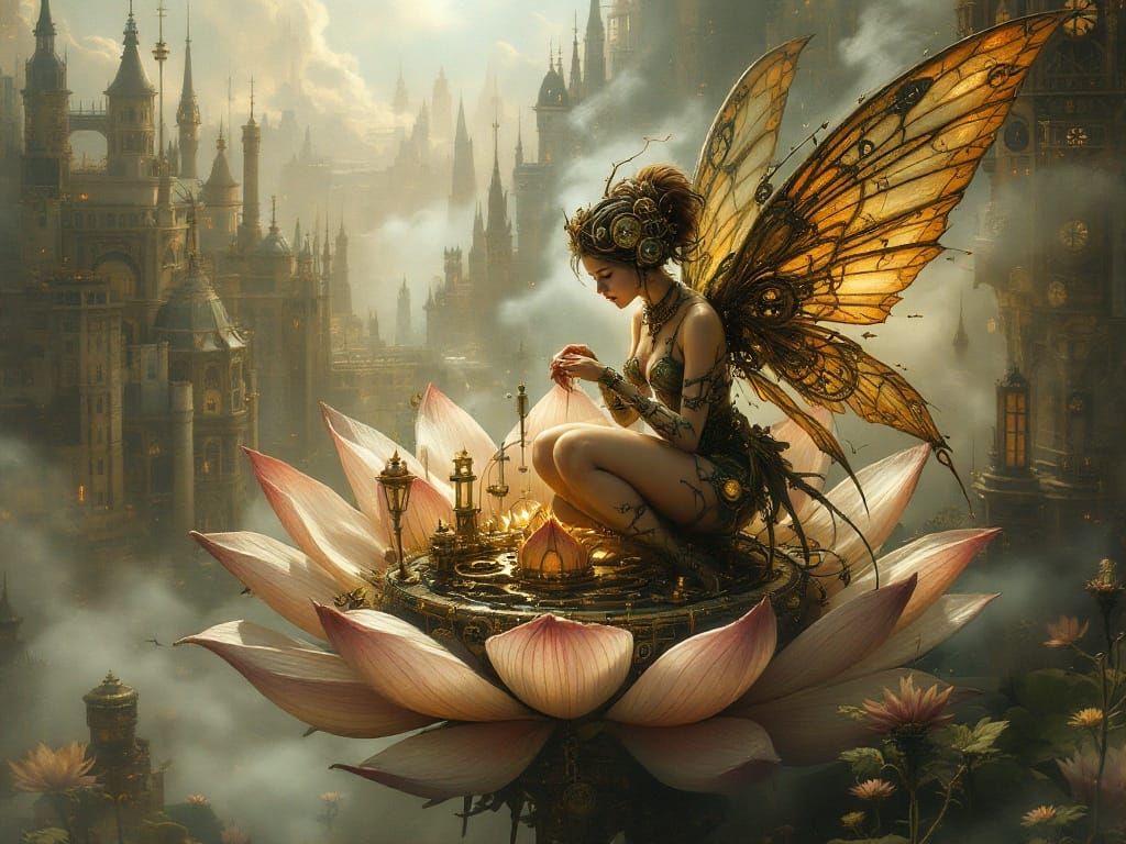 Steampunk Fairy with Clockwork Wings in Victorian Cityscape