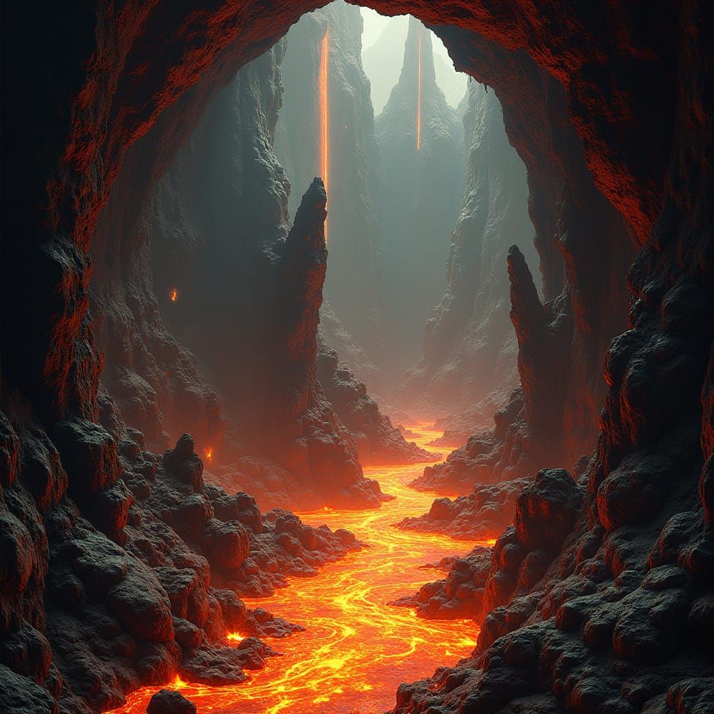 Vast Subterranean Cavern Filled with Churning Lava