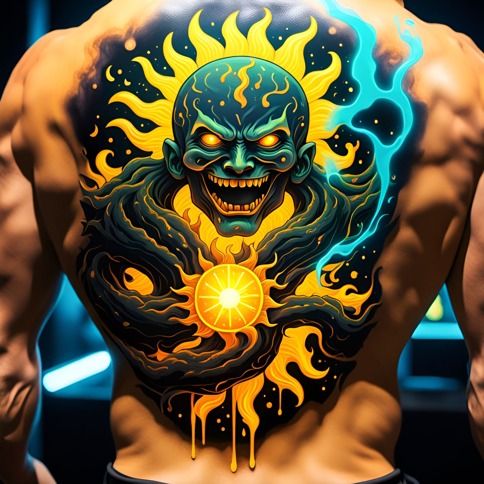 Glow in dark 3D ink tattoo magma yellow happy sun ripping through back breathing glowing plasma under black light in ...