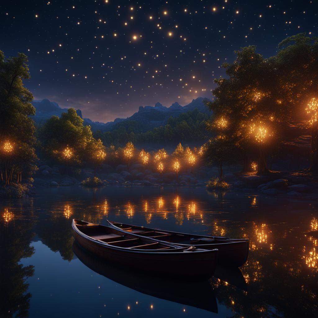 Starry Night Lake with Floating Lights, Digital Painting