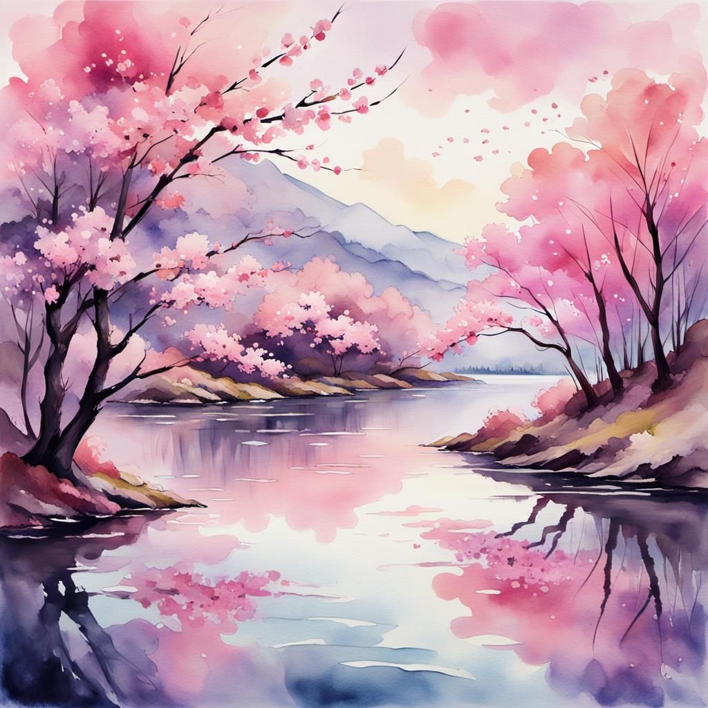 Watercolor Cherry Blossoms by a Lake