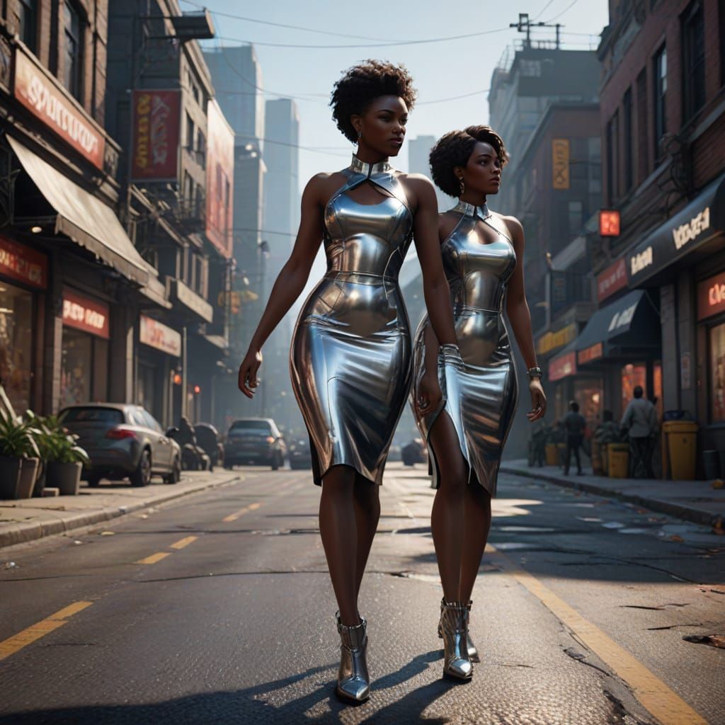 Mature Ebony Women Stroll Down Public Road in Stunning Silve...