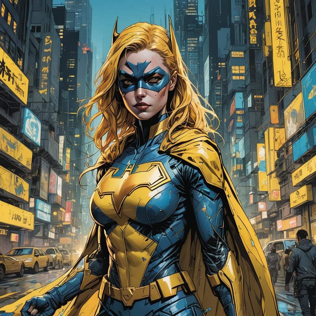 Cyberpunk Superheroine in Yellow Costume: Comic Art
