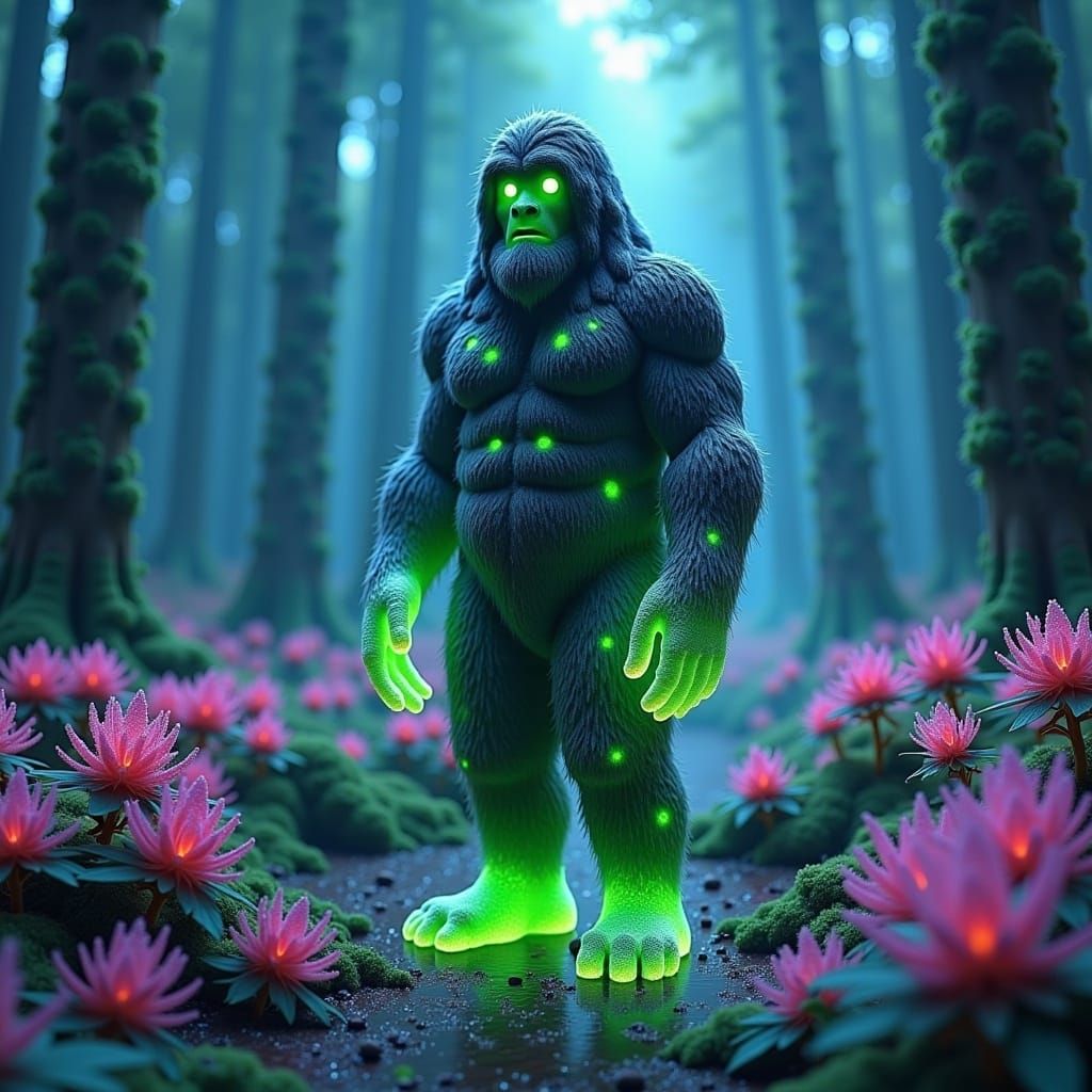 Mystical Sasquatch in Iridescent Hashish Forest