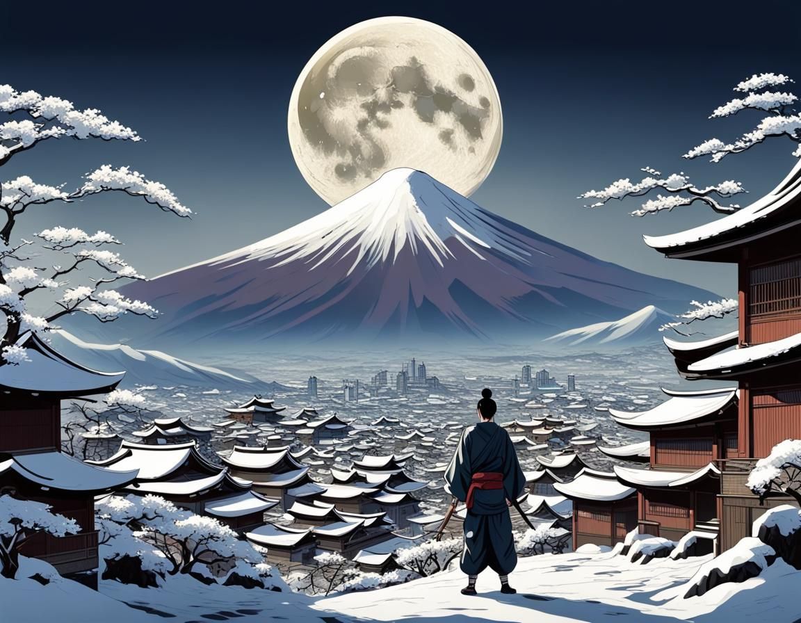 Neo-Modern Feudal Japan Village Under Moonlight