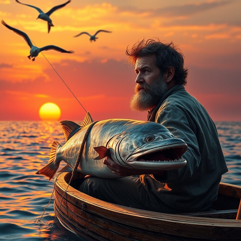Fisherman in a Hyperrealistic Sunset Scene