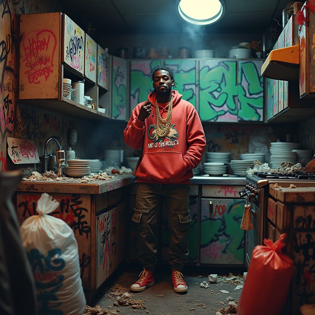 Rap Artist in Gritty Urban Kitchen