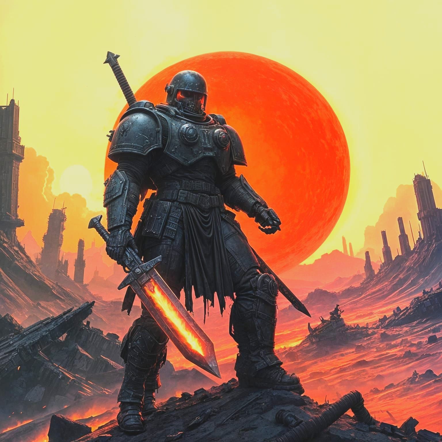 Warrior Silhouetted Against Blood-Red Sunset on War-Torn Pla...