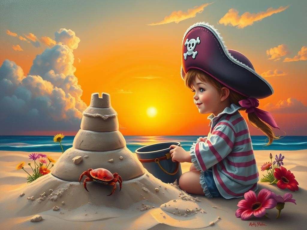 Chibi Pirate Girl's Surreal Sandcastle at Sunrise