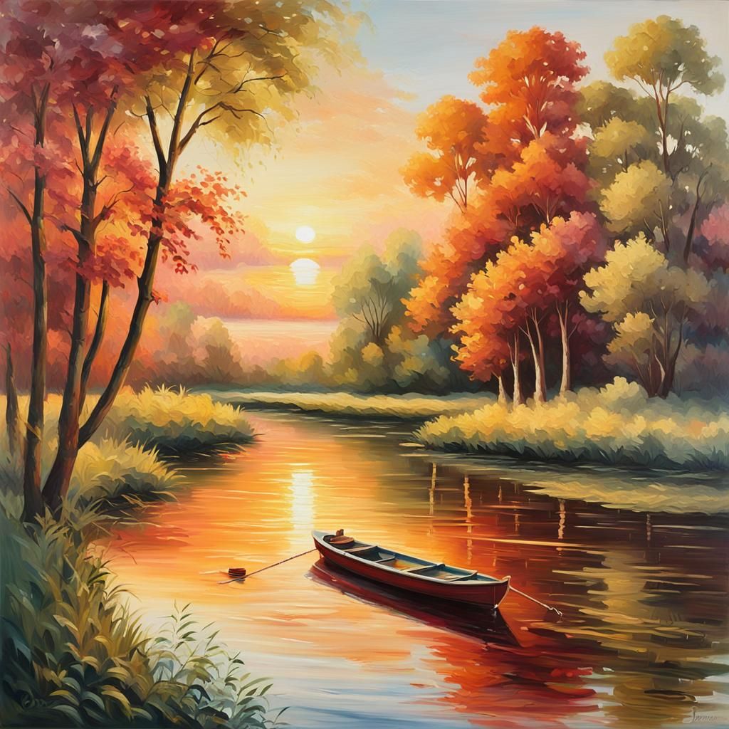 Serene River Sunset: Impressionistic Oil Painting