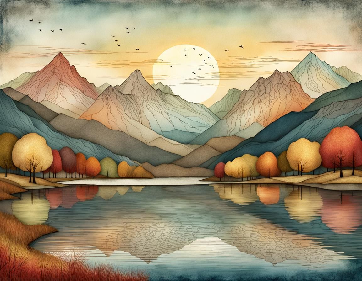 Autumn Lake Landscape in Whimsical Style