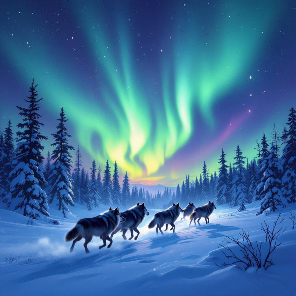 Wolf Pack Under Northern Lights in Snowy Forest