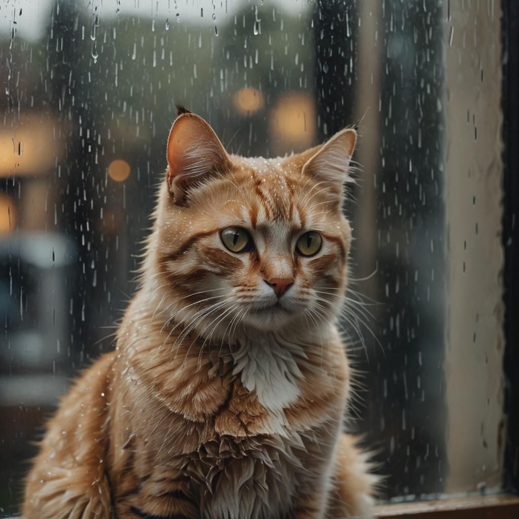 Cat Gazing Through Rainy Window: Impressionist Style