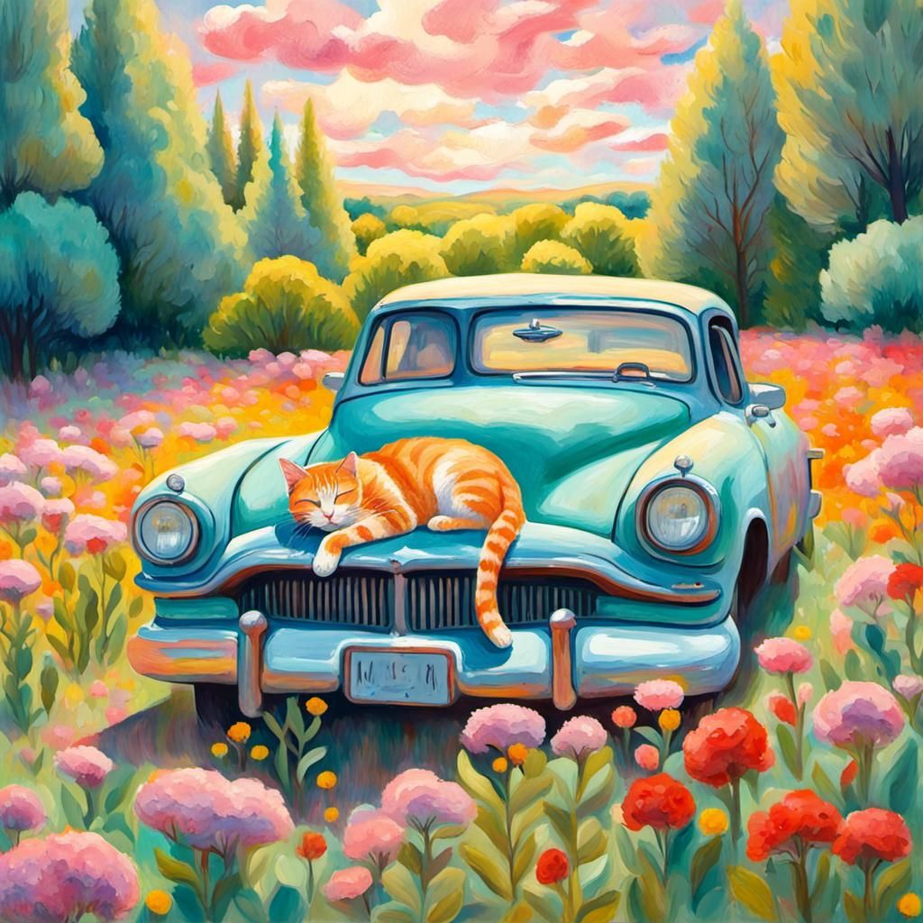 Cat Nap on Classic Car: Gouache-Style Impressionist Painting