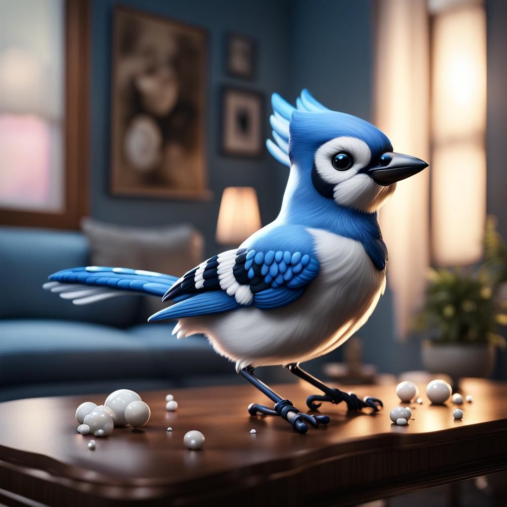 Adorable Cloud Chibi Blue Jay in CGI Diorama