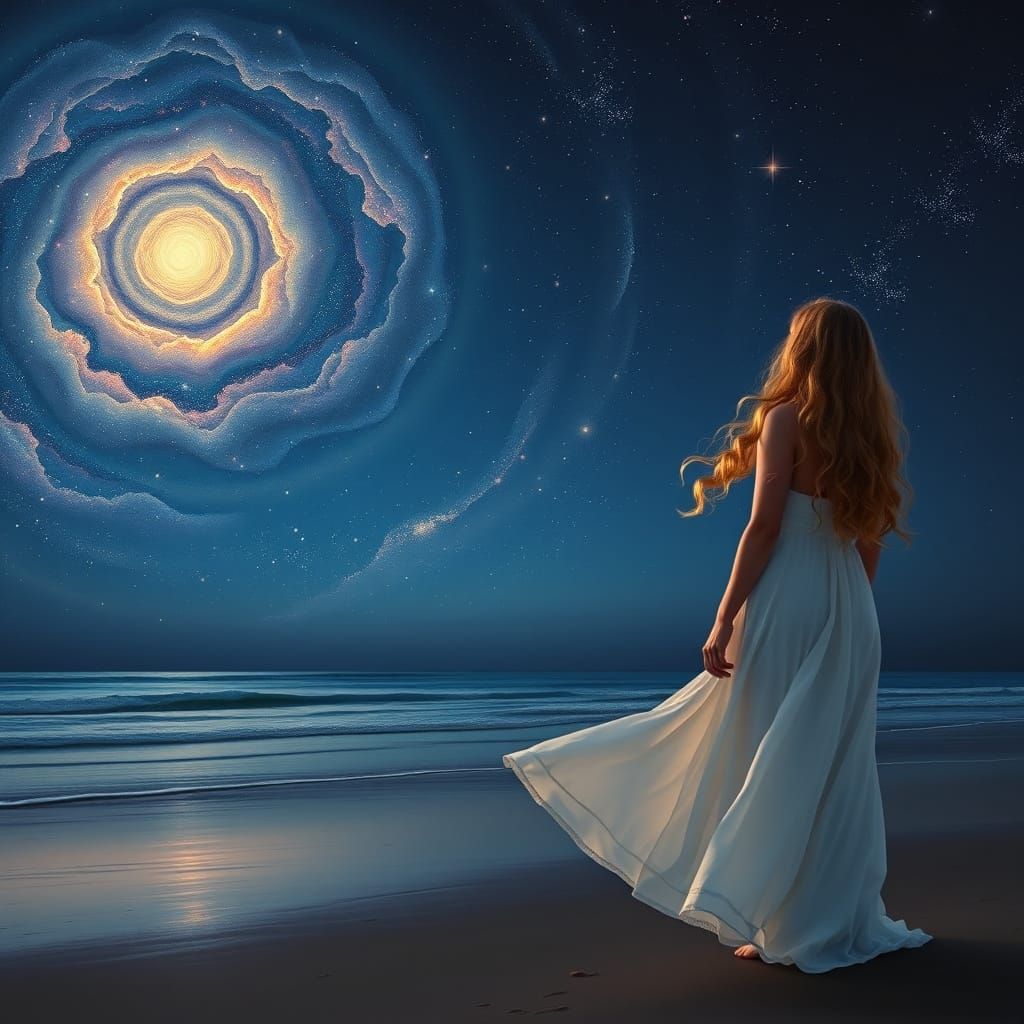 Ethereal Woman Contemplates Celestial Wonders in Art Nouveau...