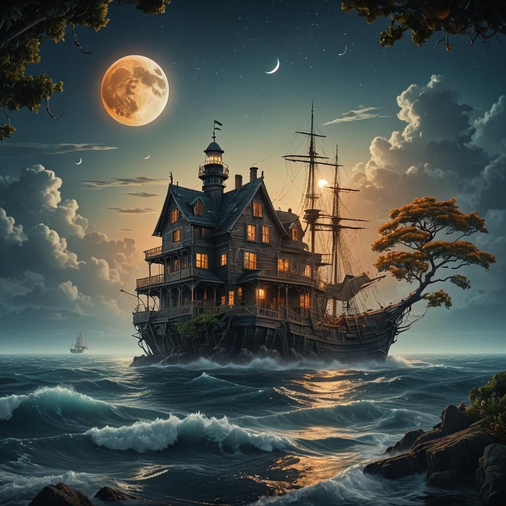 Ethereal Island House with Clipper Ship, Digital Painting
