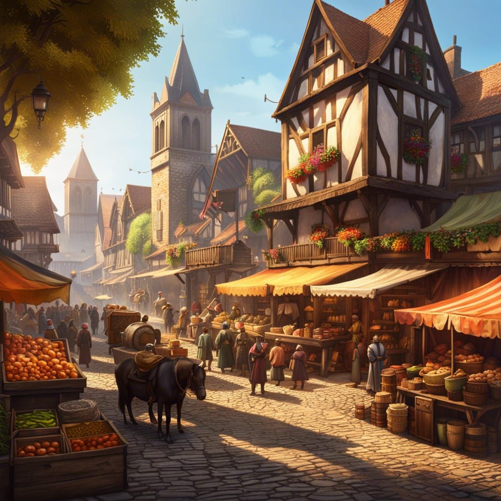 Medieval Market with Dynamic Lighting, Hyperdetailed Art