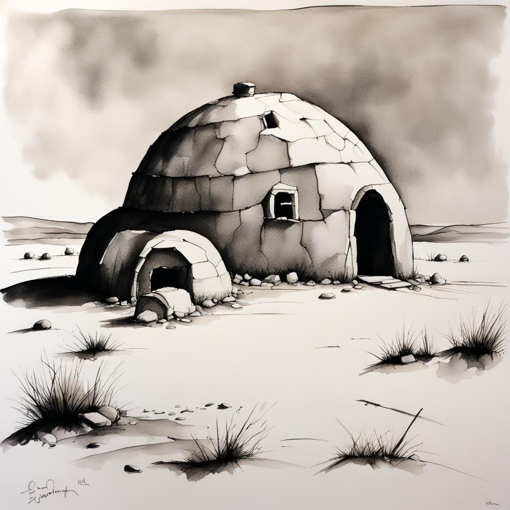 Ink Wash Painting of Arctic Wasteland With Igloos