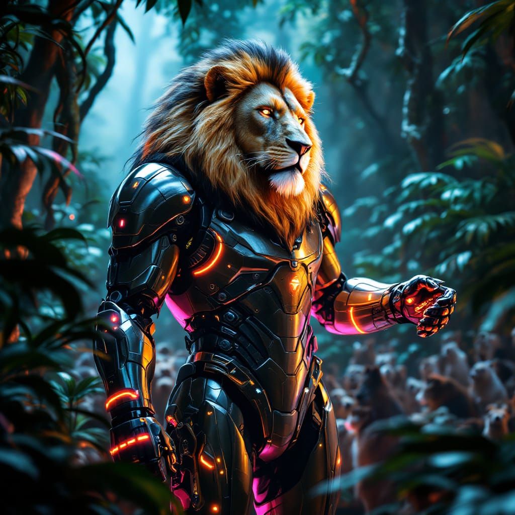 Lion in Exosuit Addresses Jungle Animals in Sci-Fi Style