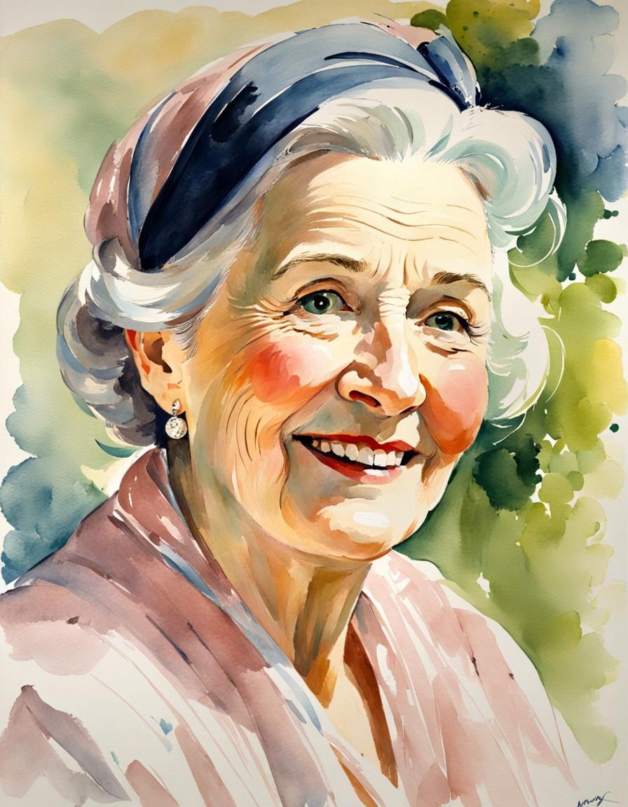 Elderly Woman Portrait as Watercolor Impressionism