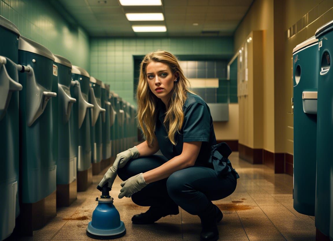 Amber Heard janitor cleaning toilets