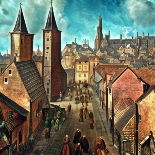 Detailed Medieval Cityscape in Branchpunk Style