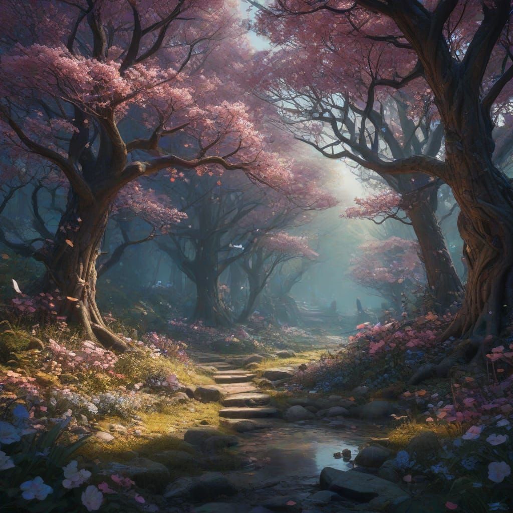 Whimsical Blossom Forest in Soft Golden Light