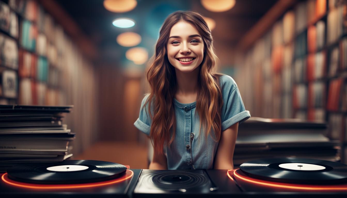 Smiling Girl Surrounded by Vinyl Records, Professional Photo...