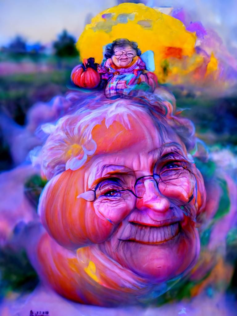 Cartoon Grandma Portrait in Gouache with Divine Sunshine