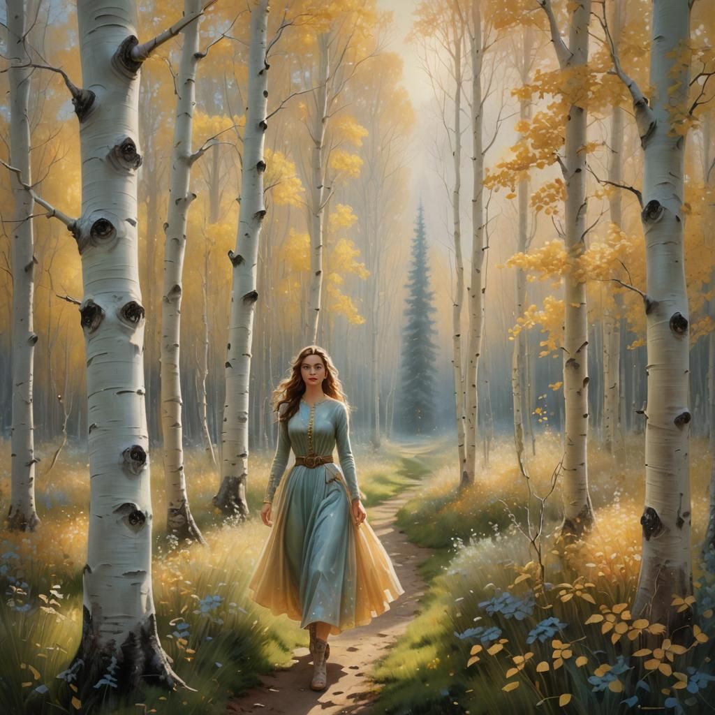 Enchanting Girl Among Aspen Trees in Kinkade Style