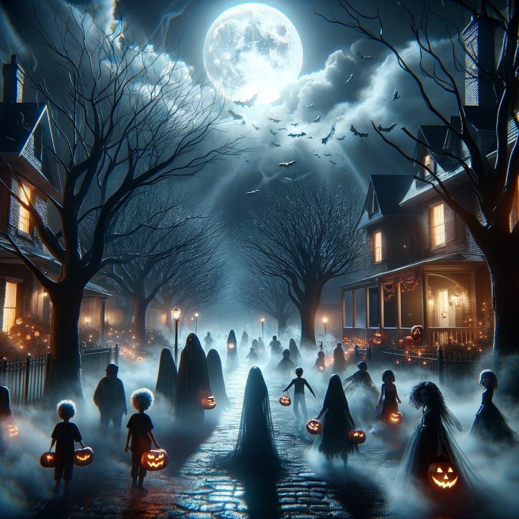 Halloween Night Horror Movie Scene with Ethereal Characters