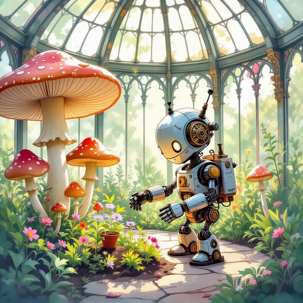 Sentient Robot Tends Bioluminescent Mushroom Garden in Art D...