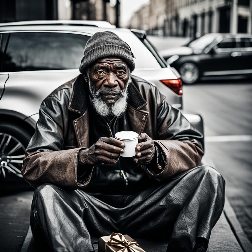 Homeless Man and Luxury Car: Street Photography
