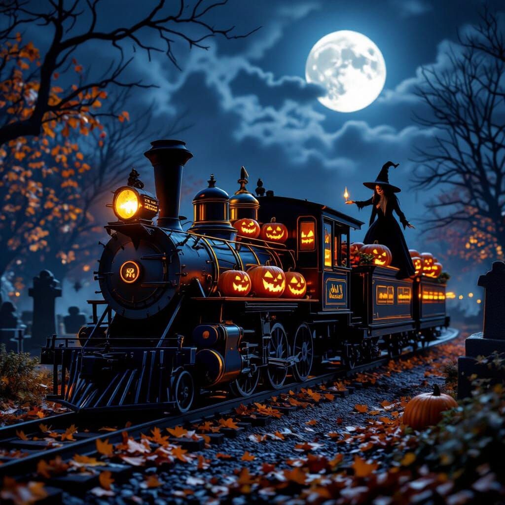 Realistic Halloween Train in Cemetery Under Full Moon