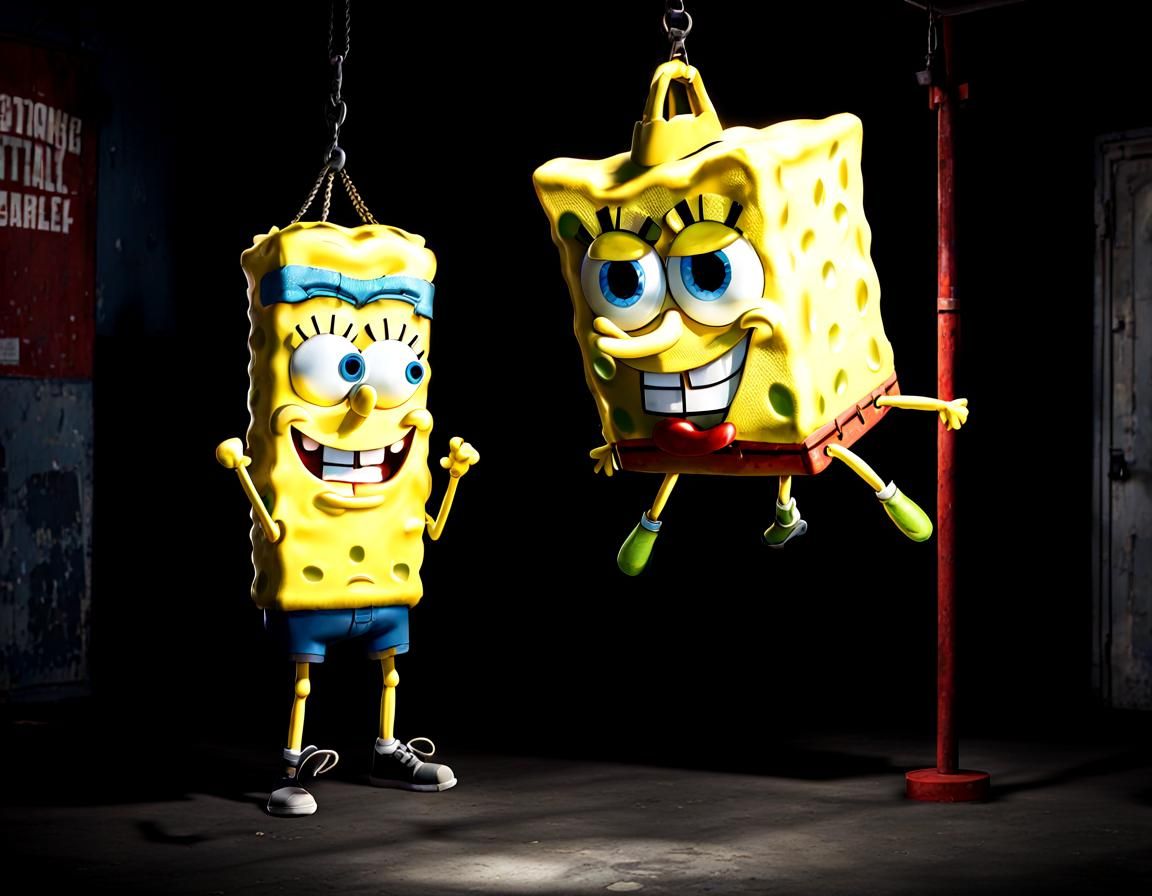 Grungy Spongebob Punching Bag in Abandoned Gym