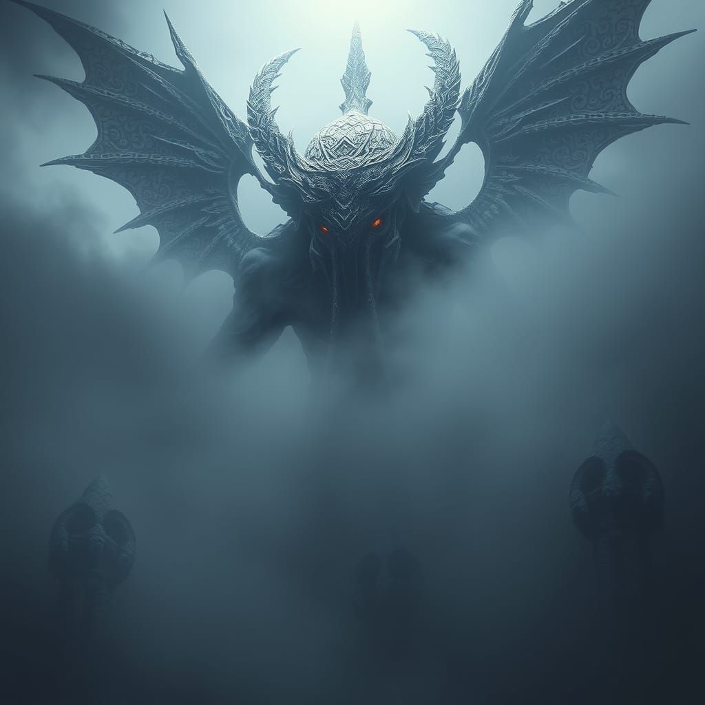 Mysterious Carved Kui in Gothic Biomechanical Style