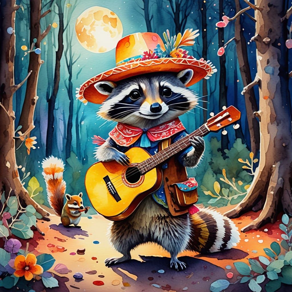 Raccoon Plays Guitar in Moonlit Forest, Watercolor