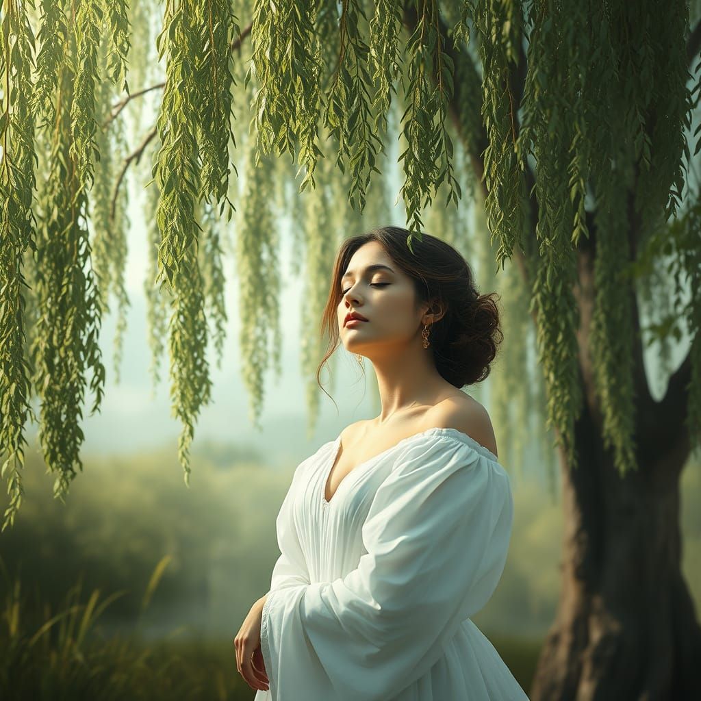 face of a beautiful weeping woman under a weeping willow, ey...