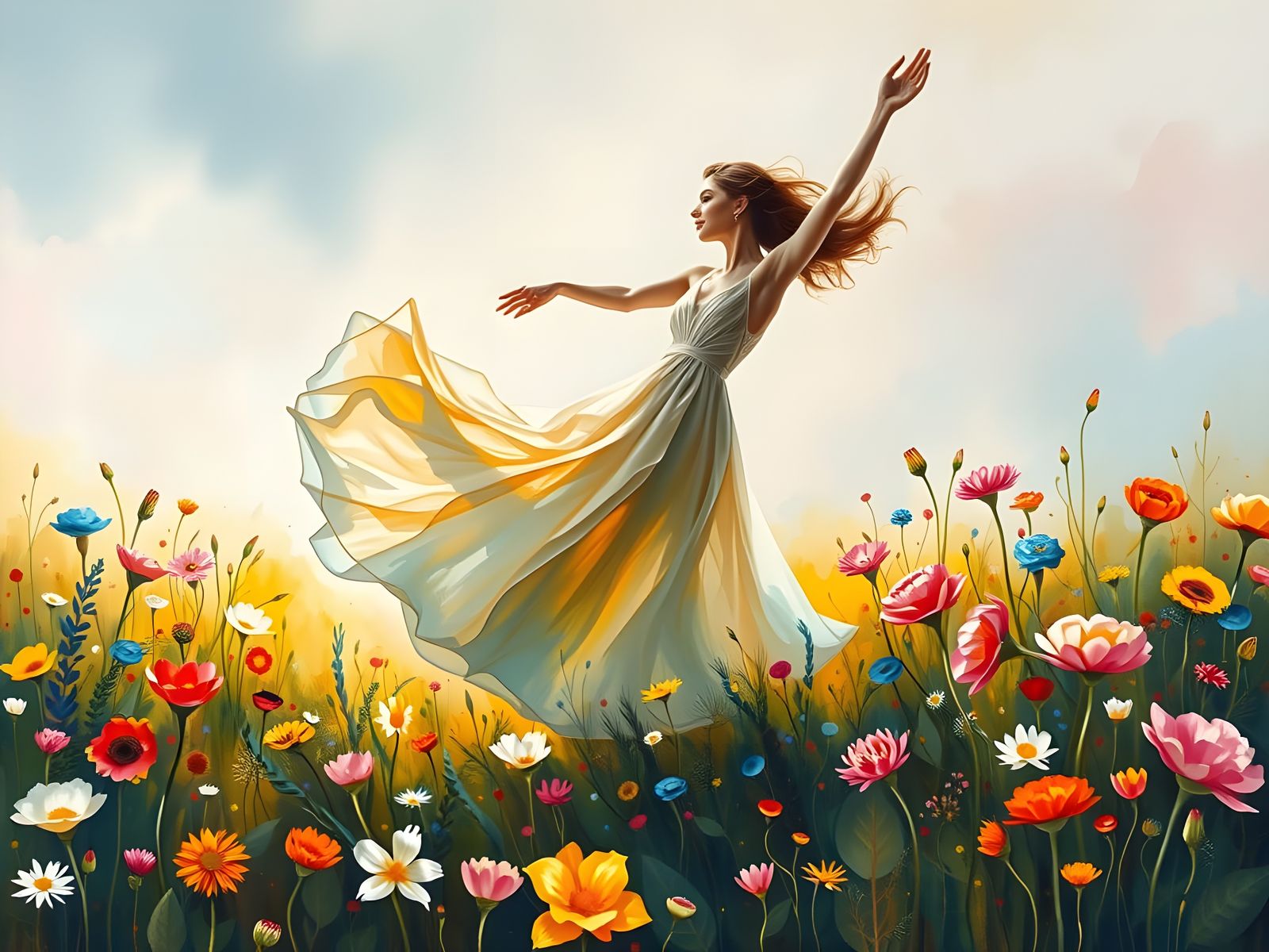 Surreal Gouache Painting of Elegant Woman Dancing in Wildflo...