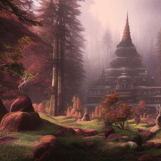 Mountain Temple in Forest: Detailed Matte Painting