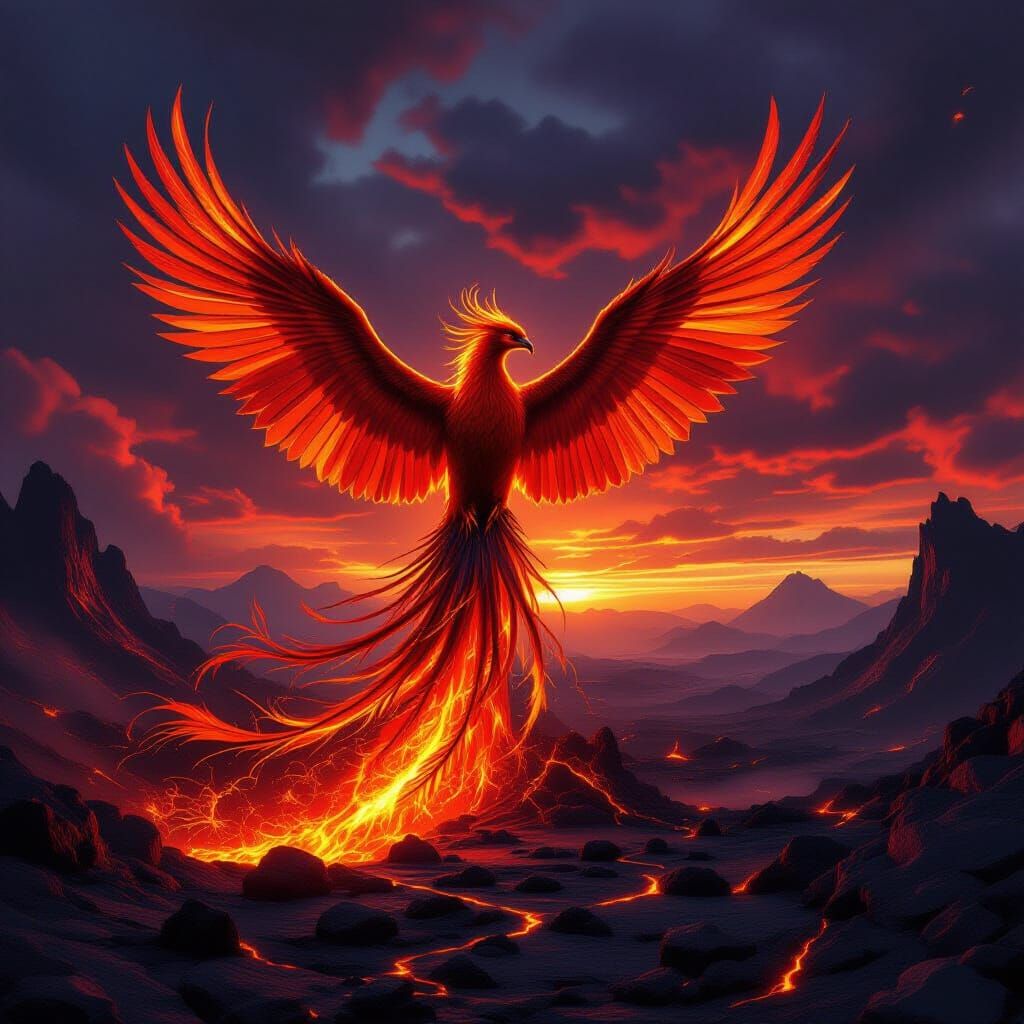 Majestic Phoenix Rises From Fiery Volcanic Landscape