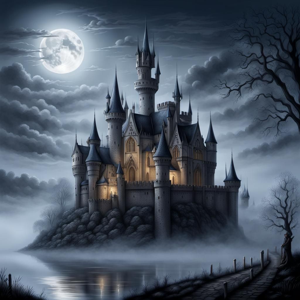 Medieval Gothic Castle Drawing in Moonlight and Fog