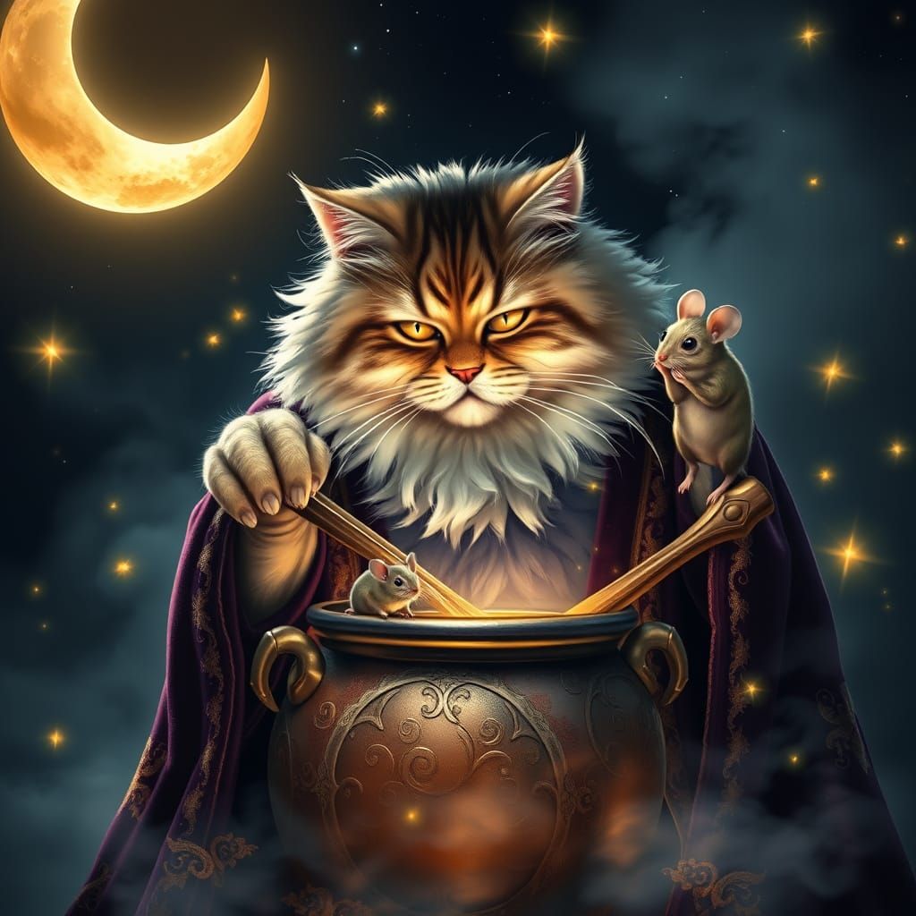 Majestic Cat in Wizard's Robe Stirs Enchanted Cauldron