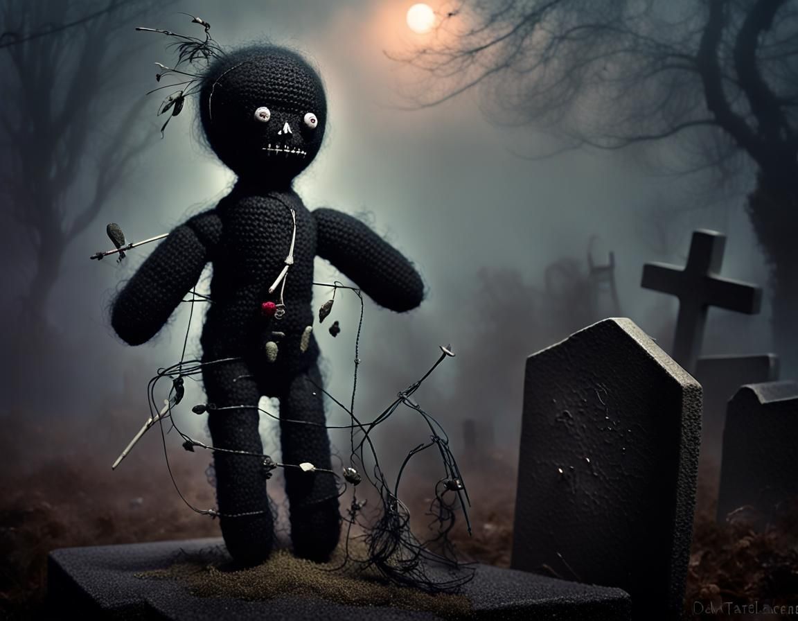 Sinister Voodoo Doll by Gravestone at Night